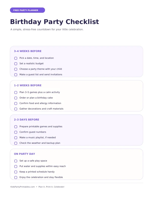 Preview of the printable birthday party planning checklist