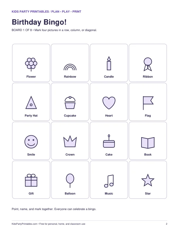 Preview of a printable birthday party bingo card
